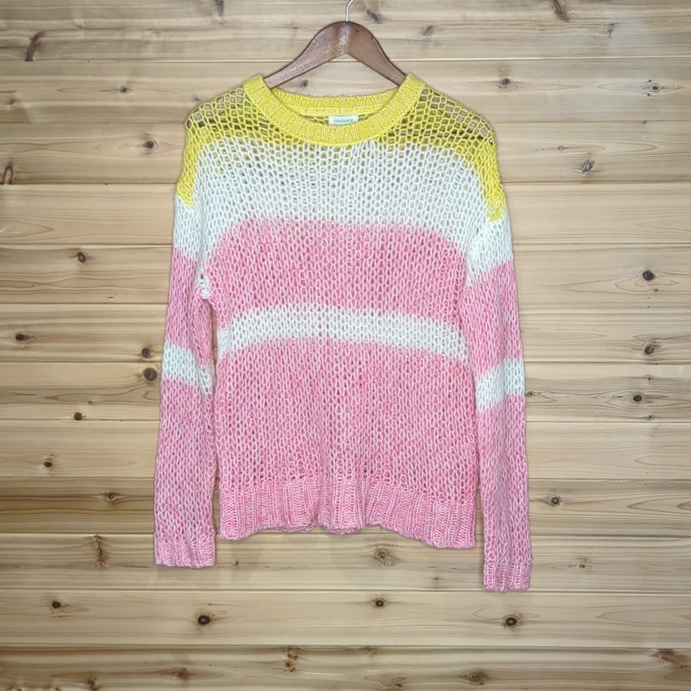 Sundance Sweater Womens Medium Pink Striped Open Knit Wool Blend